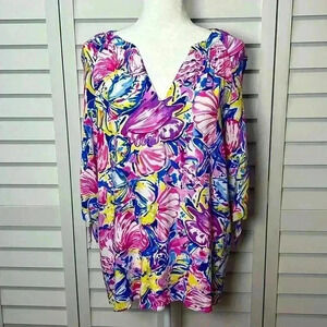 Pappagallo Marine Print V-Neck 3/4 Tie Sleeve Top Size Medium NWT